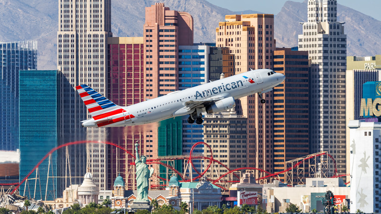 An American Airlines Airbus A320 airplane takes off from Las Vegas International Airport in Nevada, U.S.A., during the day