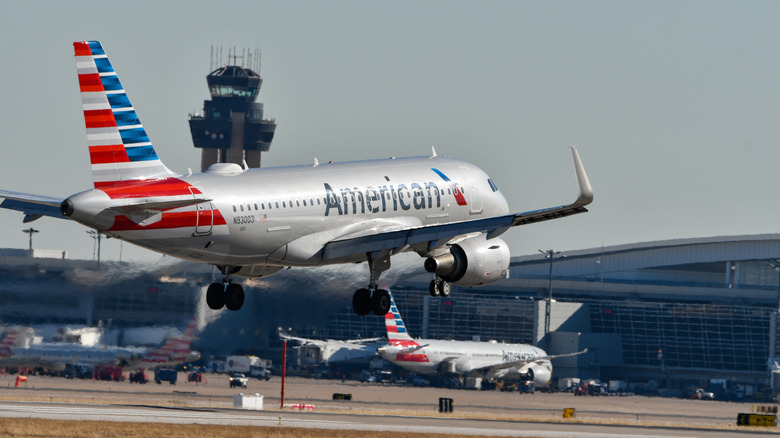 An American Airlines plane lands at an airport