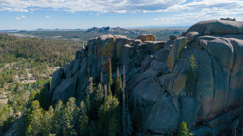 An aerial view of Vedauwoo and Blair Wallis geology rock formations near Laramie, Wyoming