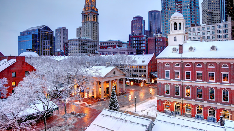 Snow covered aerial of Faneuil Hall Marketplace.