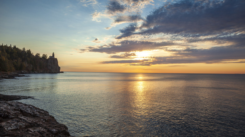 Distant view of Split Rock lighthouse on the north shore of Lake Superior at dawn