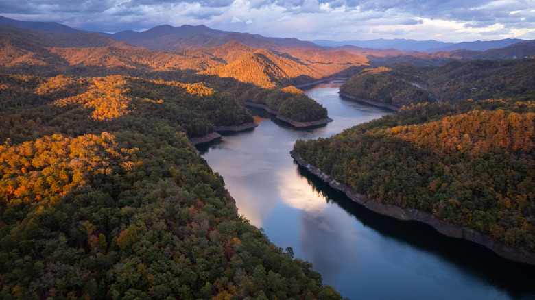 A drone view of Fontana Lake in the Smoky Mountains.