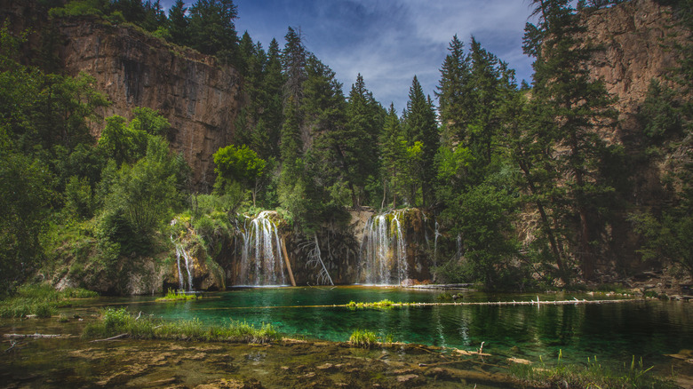 Serene Waterfalls and clear green water at Hanging Lake, Glenwood Canyon, Colorado.