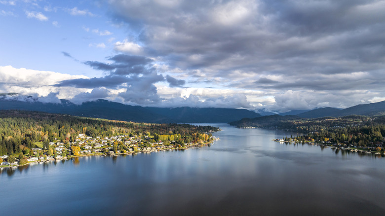 An aerial view of Lake Whatcom and mountains near Bellingham, Washington