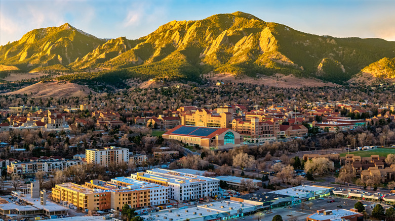 University of Colorado, Boulder campus drone view with the Flatirons