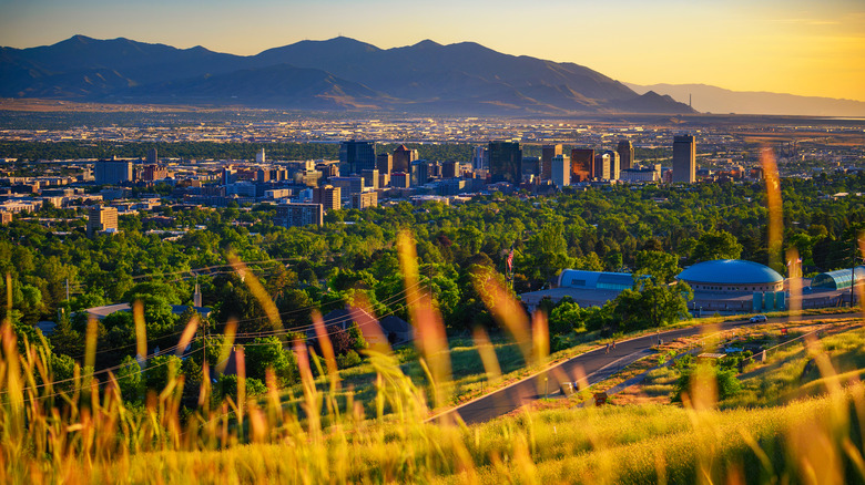 Salt Lake City at sunset from a field with the Wasatch Mountains in the background