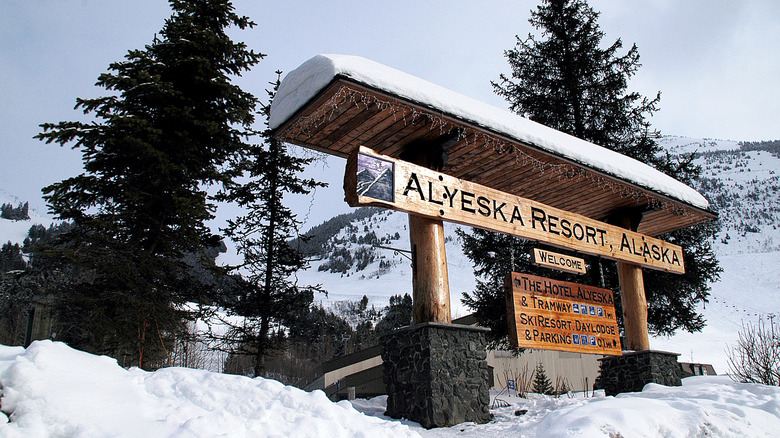 Entrance sign to Alyeska Resort in Girdwood, Alaska
