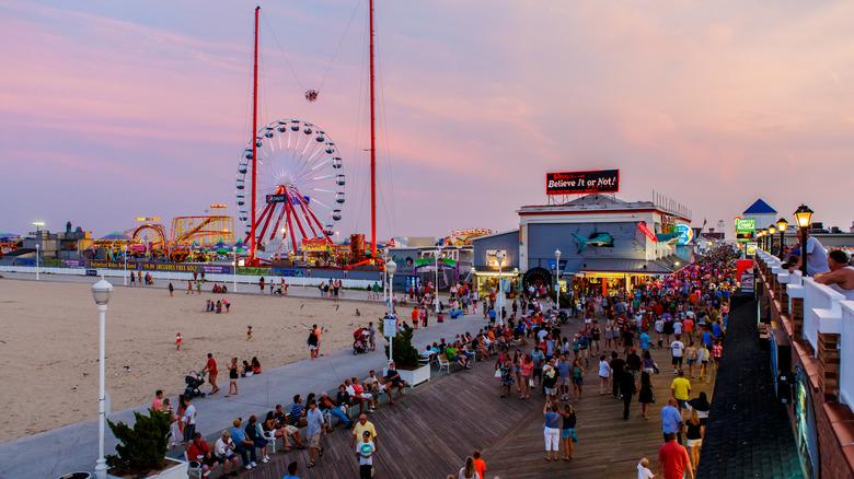 Aerial view of the boardwalk and beach at Ocean City in Maryland