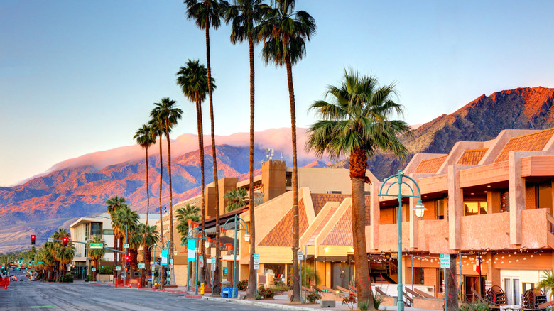 Buildings with mountains at sunset in Palm Springs, California