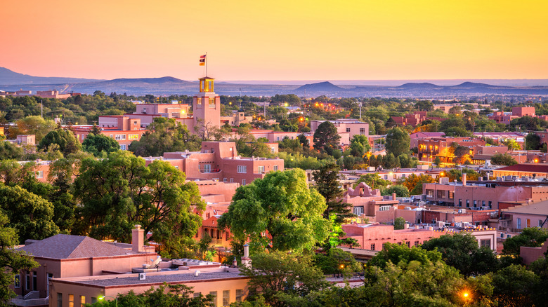 Buildings in Santa Fe, New Mexico from above at sunset
