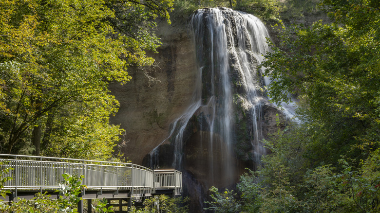 Waterfall and walkway in Smith Falls Sate Park, Nebraska, in late summer