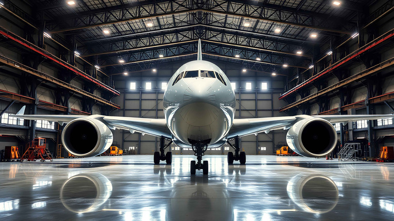 A massive commercial airplane inside a spacious, well-lit hangar. The aircraft is positioned in the center, facing forward, with two large jet engines visible on each side, and the polished floor reflecting the aircraft above it.