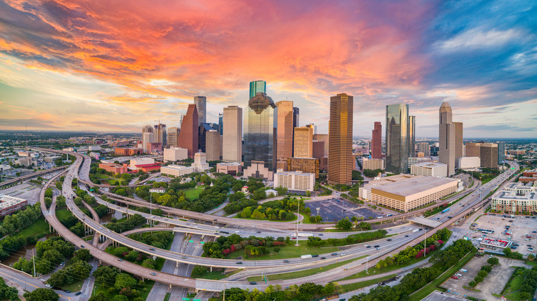 Houston skyline with red clouds overhead