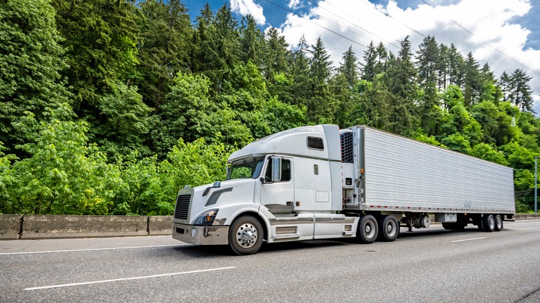 White semi-trailer driving down road past green trees