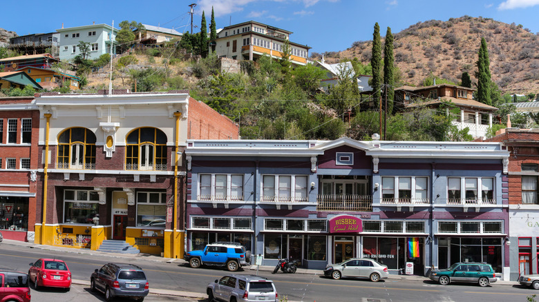 Colorful, old-style buildings line a street in Bisbee, Arizona