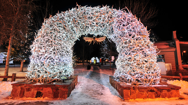 elk antler arch covered in christmas lights at jackson hole