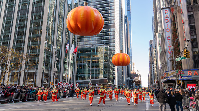 Pumpkin balloons at the Macy's Thanksgiving Parade in NYC