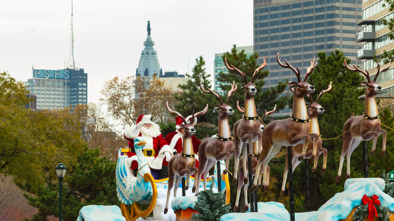 Mr. and Mrs. Claus in a sleigh at the Thanksgiving Day parade in Philadelphia