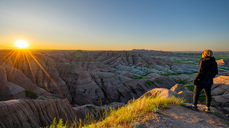 A man standing at a panoramic point looking out at the Badlands at sunrise