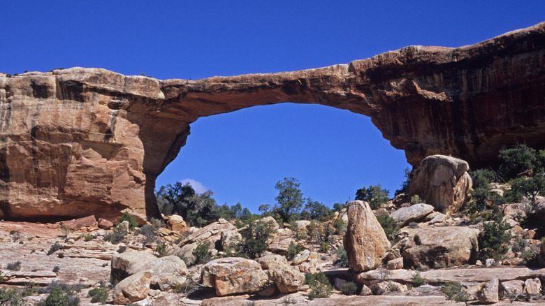 Owachomo Natural Bridge with blue sky in Utah