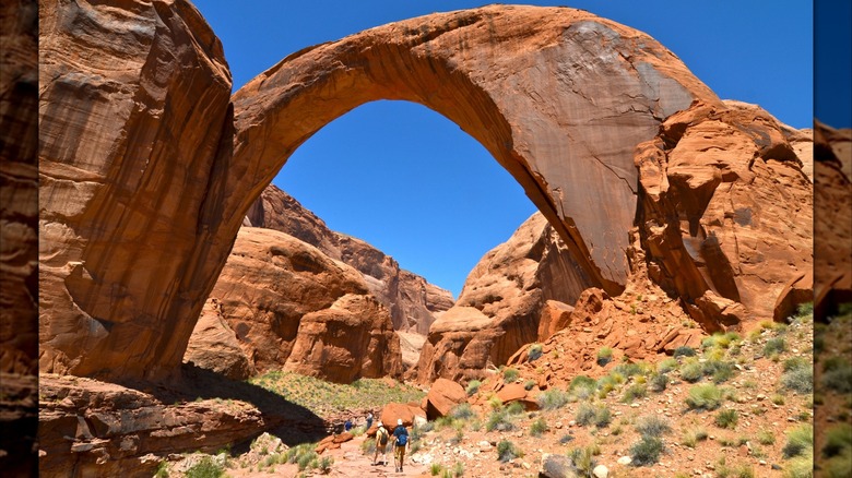 Hikers appear very small walking under the Rainbow Bridge in Utah