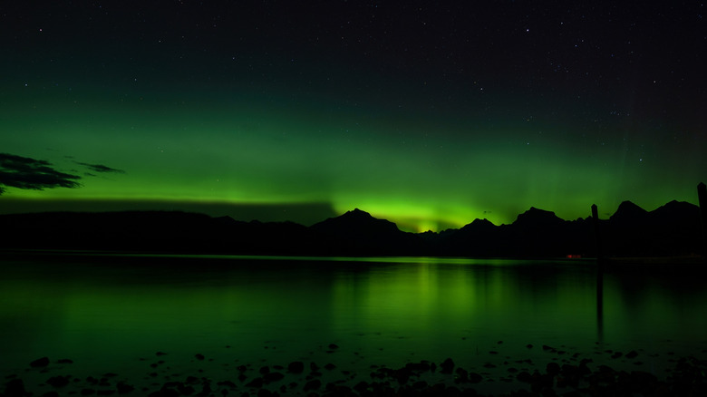 Green northern lights over Lake McDonald in Montana
