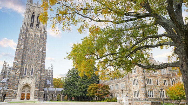 A view of Duke University in Durham with a blue sky in the background