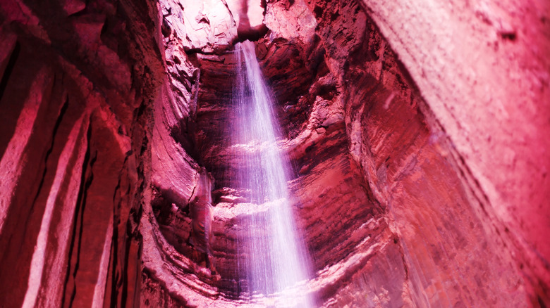 Ruby Falls, an underground waterfall in Tennessee, surrounded by rock