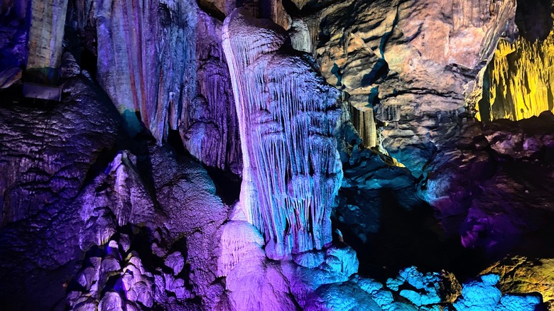The Majestic Caverns in Alabama, lit by colorful lights