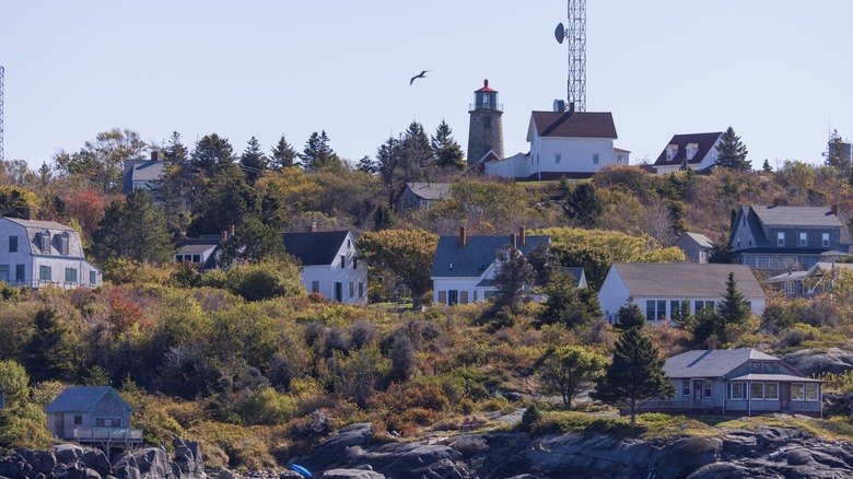 A lighthouse and houses on Maine's Monhegan Island