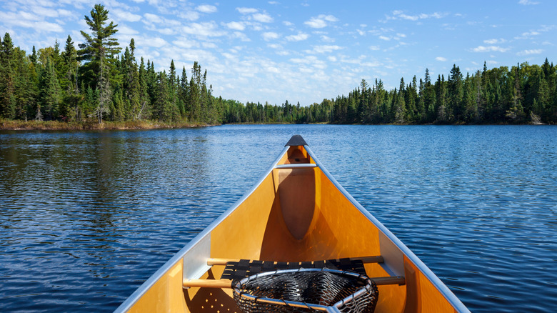 A yellow canoe on the waters of a lake in northern Minnesota