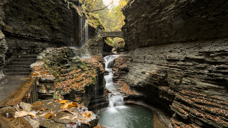 A waterfall drops over the side of a gorge in Watkins Glen State Park, New York