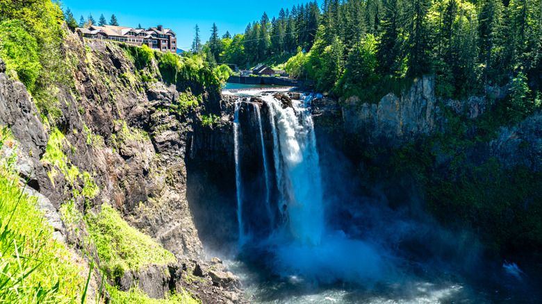 Snoqualmie Falls pour over a ridge in the Cascade Mountains