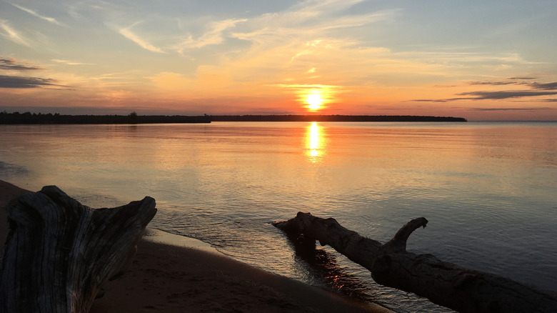 Sun sets on Lake Superior over the Apostle Islands, Wisconsin