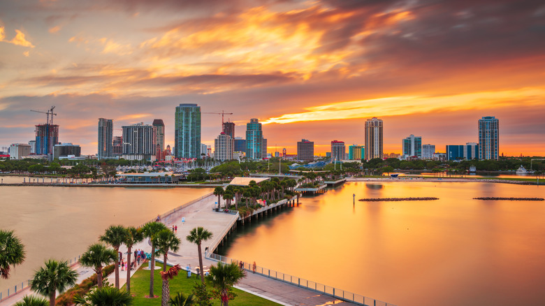 St. Petersburg, Florida, USA downtown city skyline on the bay at dusk