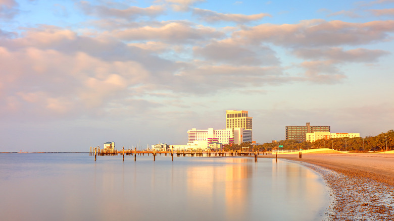 Casinos and pier in golden light Biloxi Beach Mississippi