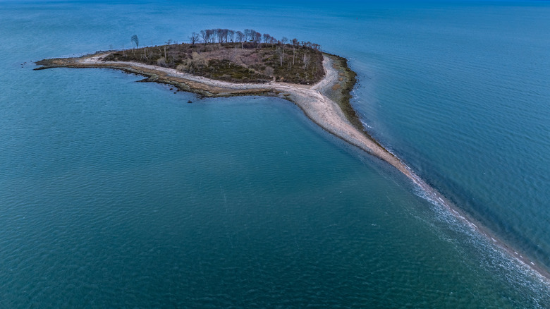 An aerial shot of Charles Island, Connecticut at low tide