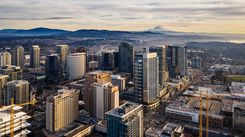 View of Downtown Bellevue with mountains in the background