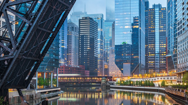 View of Chicago skyscrapers evening