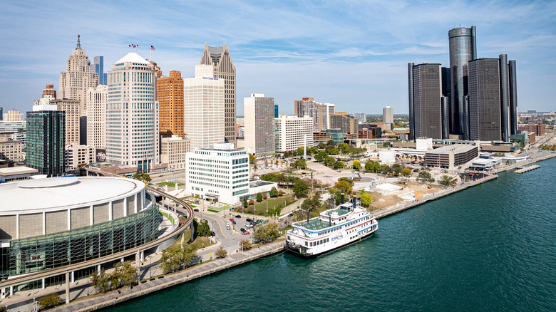 Ariel photo of Detroit's riverfront area