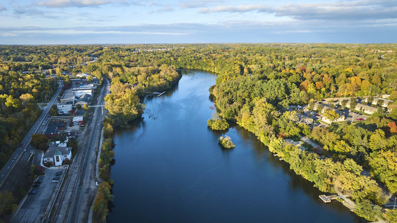 An aerial view of the Huron River in Ann Arbor