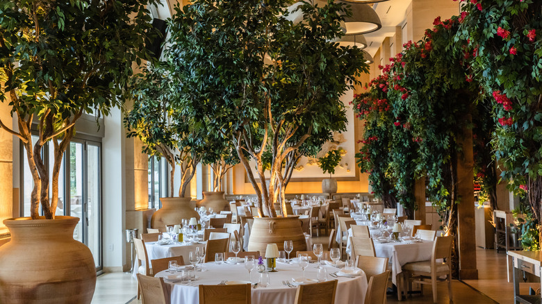 Dining room of Acqualina Resort's Avra restaurant filled with set tables and large trees