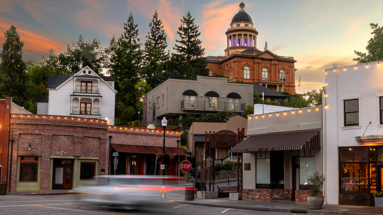 Sunrise over downtown Auburn, California, with a view of historic buildings