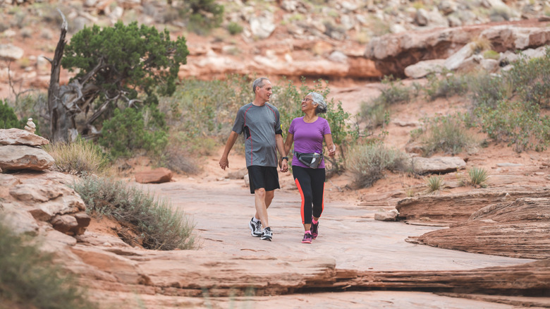 An older couple hiking in the desert