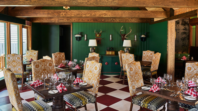 The Chalet area of the elegant Woods Restaurant, a Bavarian-themed restaurant belonging to Grand Hotel on Mackinac Island, a car-free island in Lake Huron, Michigan, U.S.A.
