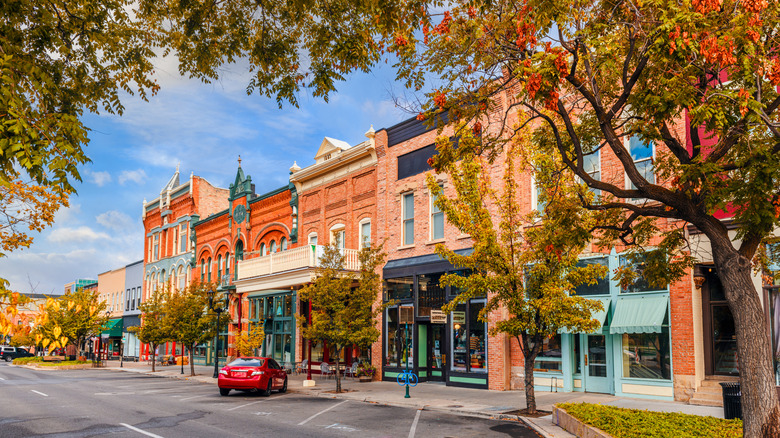 Historic brick shopfronts and leafy trees in Downtown Provo on Center Street.