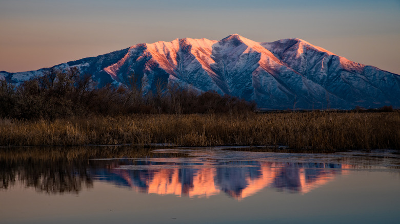 Reflection of a snow-capped mountain on Utah Lake near Provo during sunset.