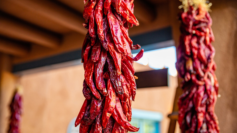 Ropes of red chile peppers hang in an adobe building in Santa Fe, New Mexico