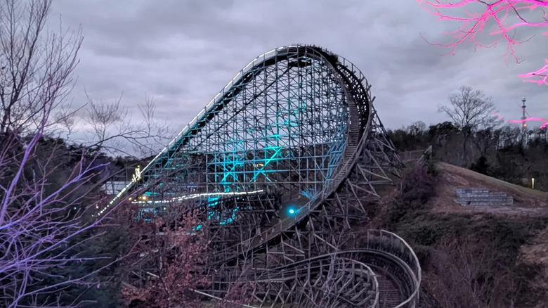 Dollywood's Thunderhead wooden roller coaster at dusk