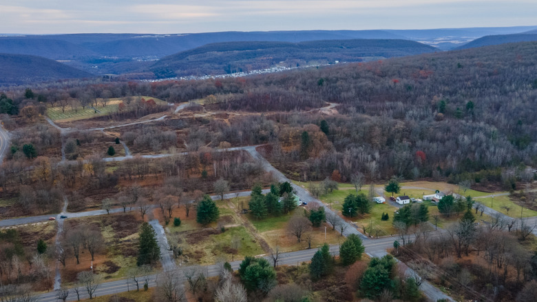 an aerial view of Centralia, Pennsylvania, an abandoned town with only a few houses